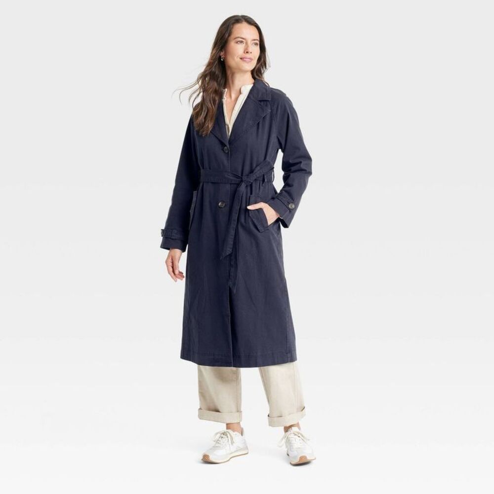 Woven Belted Trench Coat - Navy